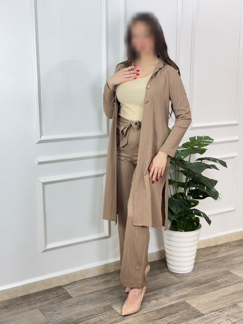 Ensemble 06 Gilet Long en lin crash, coloris taupe