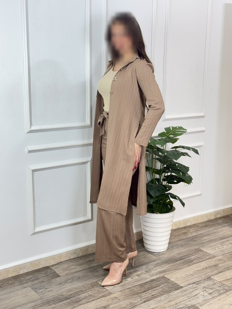 Ensemble 06 Gilet Long en lin crash, coloris taupe, de profil