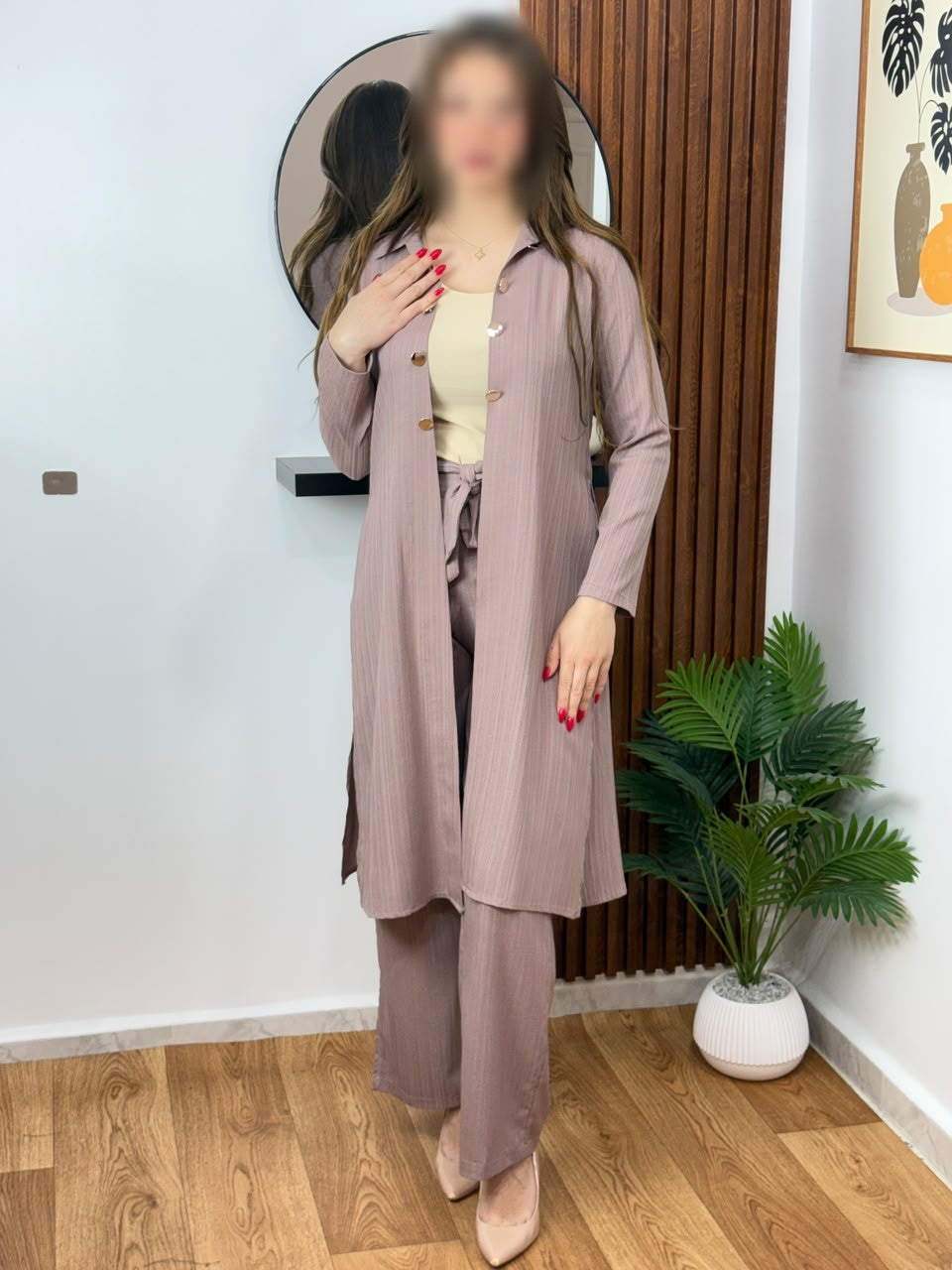 Ensemble 06 Gilet Long en lin crash, coloris vieux rose