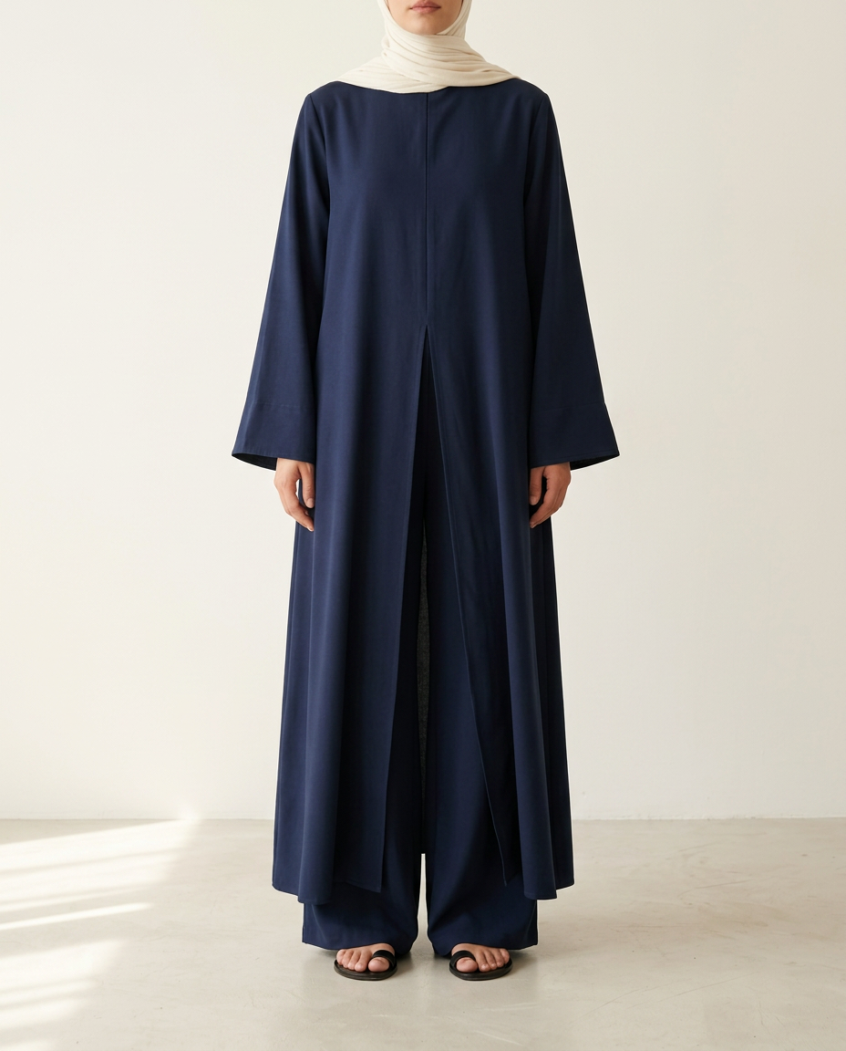 Ensemble 02 Sienne en crêpe Nida bleu nuit : tunique longue fendue et pantalon large, vue de face