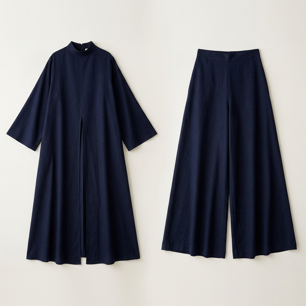 Les deux pièces de l'Ensemble 02 posées à plat : la tunique et le pantalon large