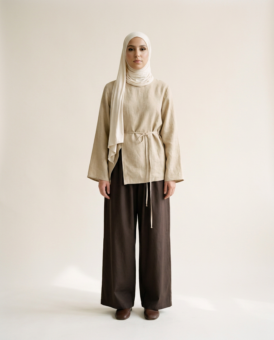 Tunique 02 Ceinturée en lin, coloris Sable, portée de face sur un pantalon large