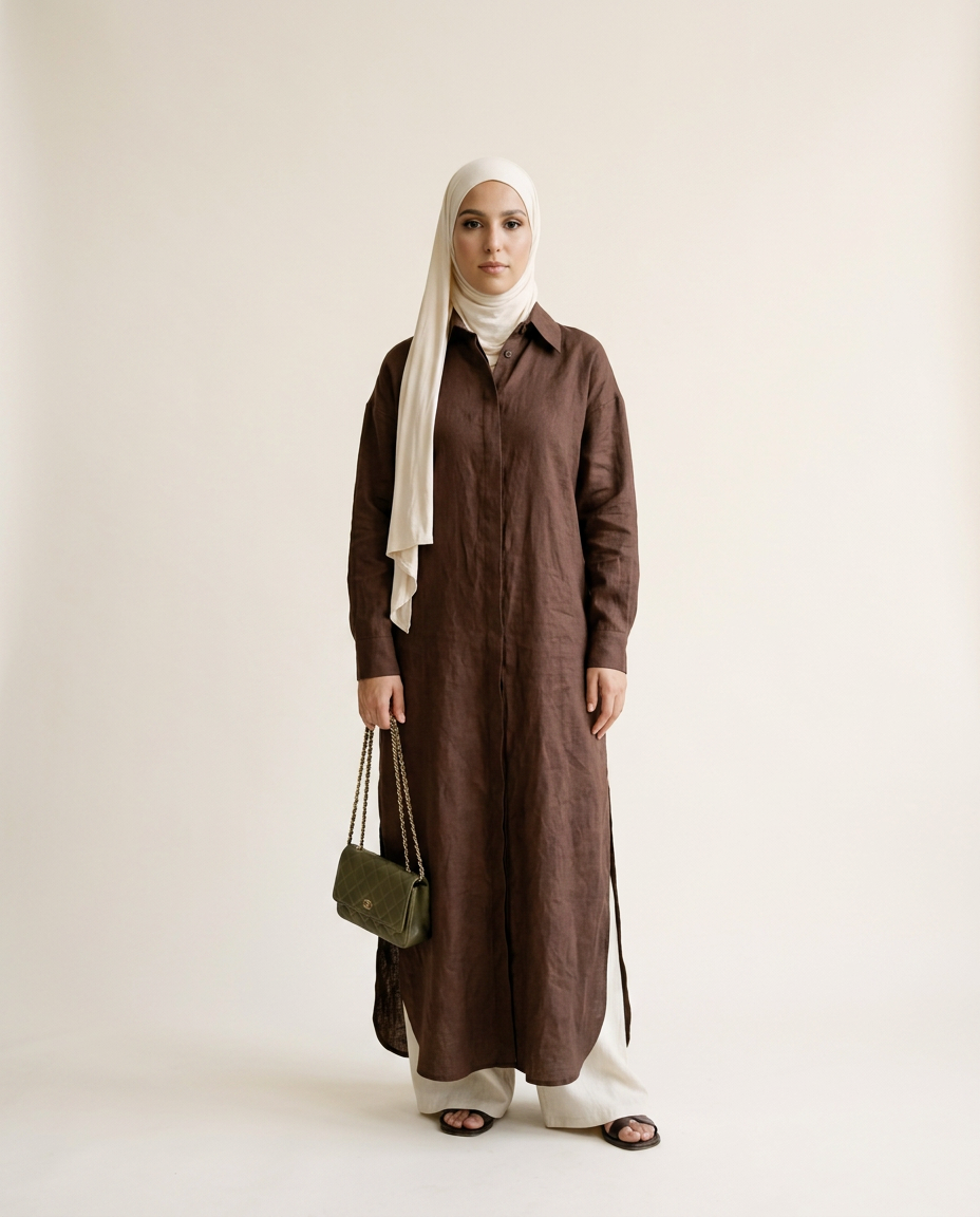 Robe 01 Chemise Longue en lin chocolat, portée de face