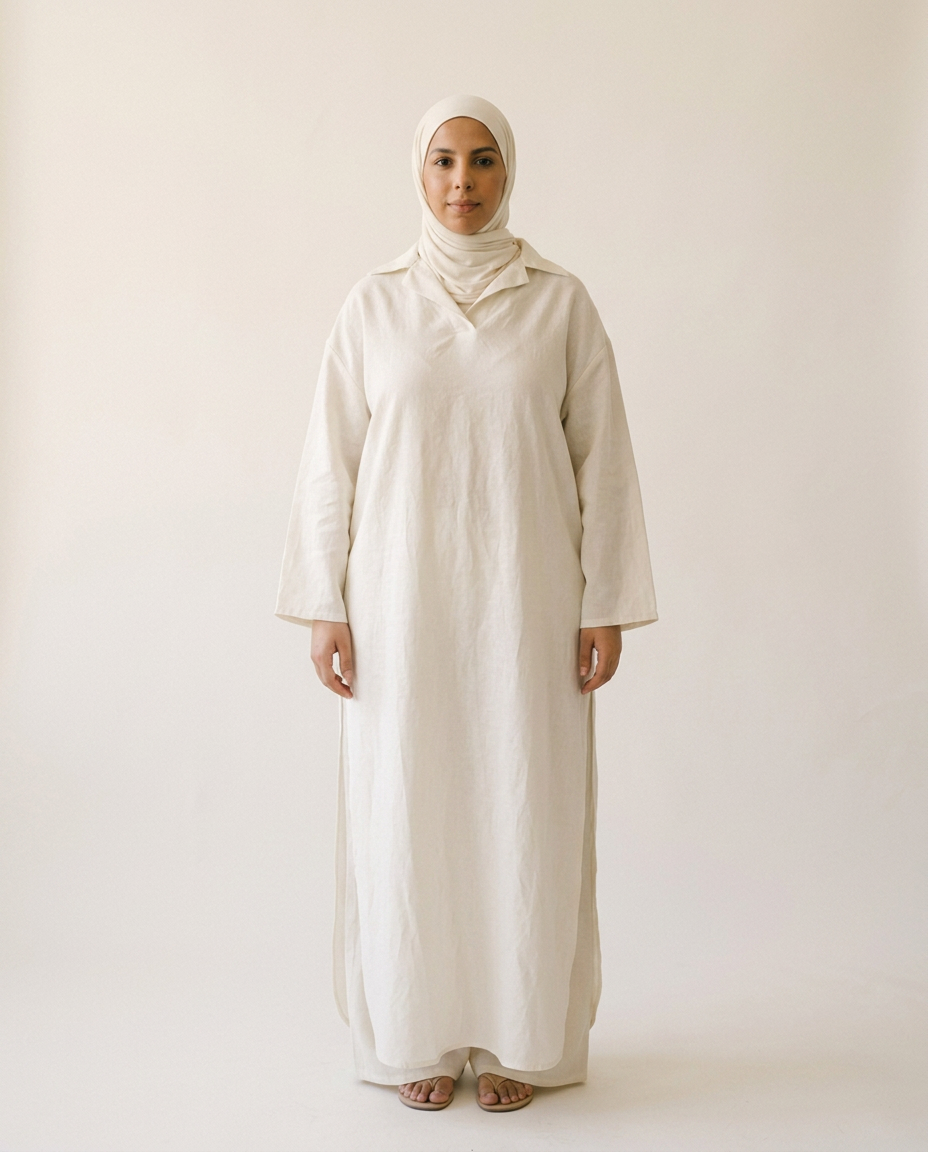Robe 01 en lin écru, portée sur une silhouette ronde