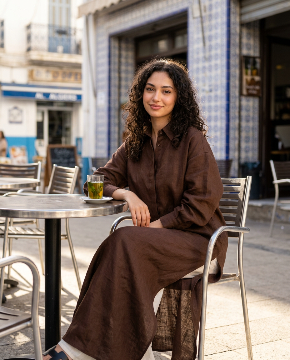 Robe 01 en lin chocolat, en terrasse de café