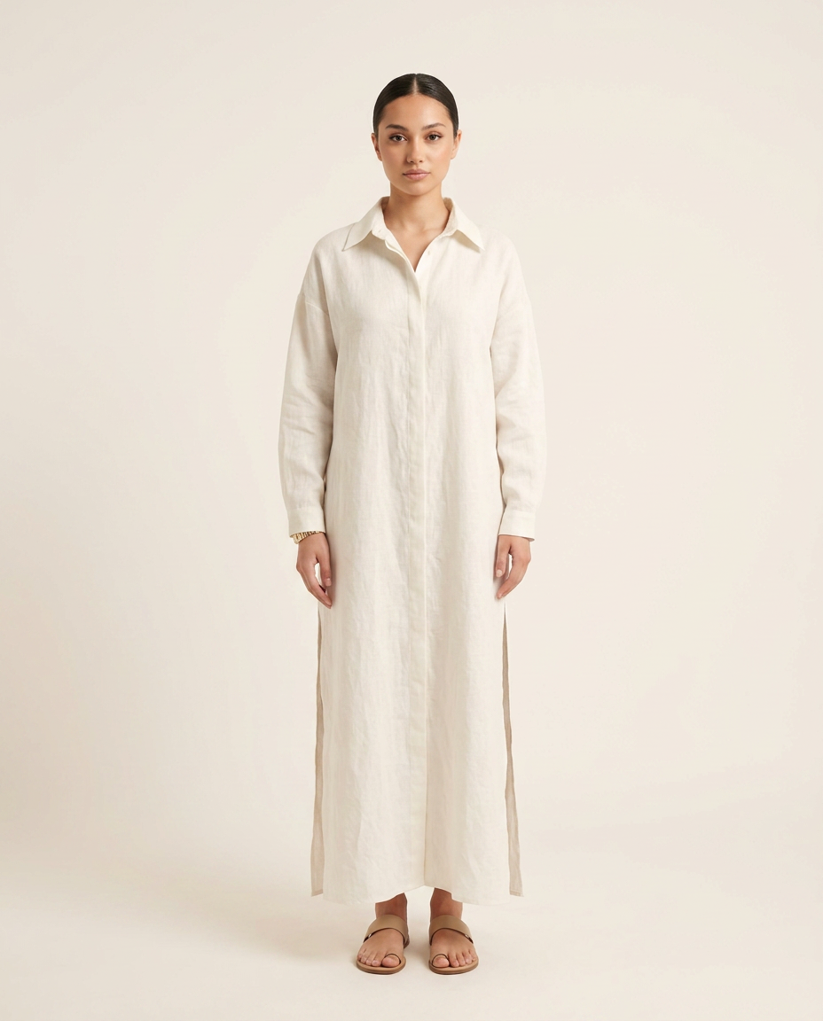 Robe 01 en lin écru, vue studio de face