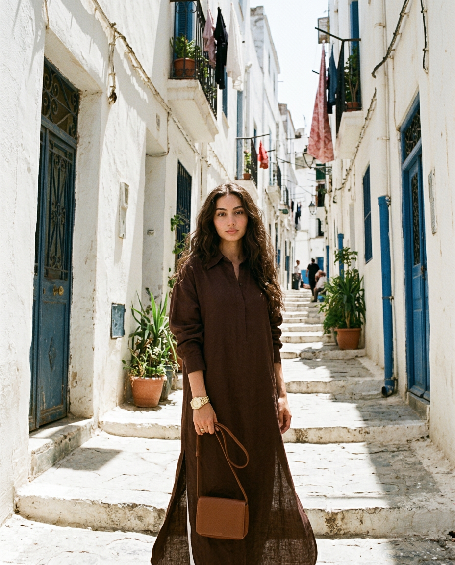 Robe 01 en lin chocolat, portée dans la Casbah d'Alger