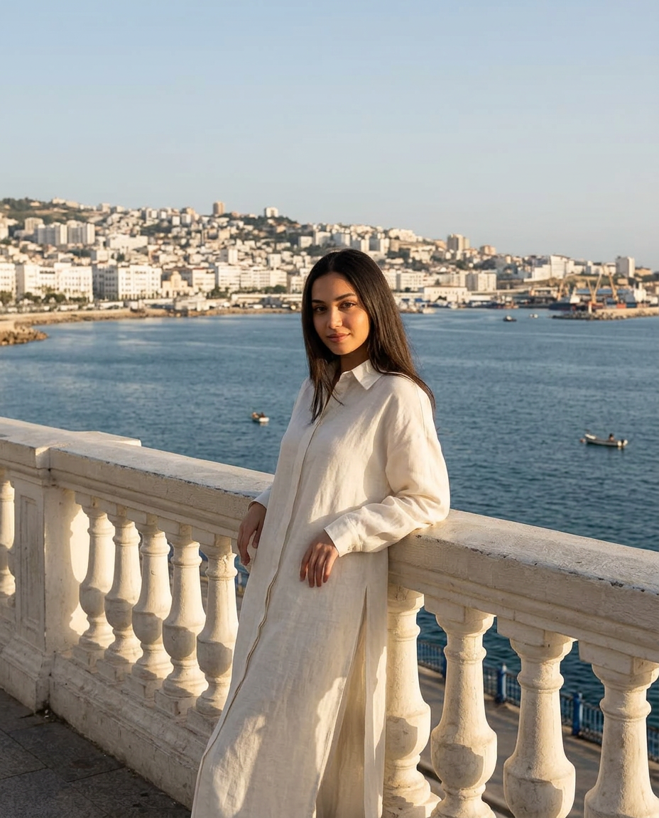 Robe 01 en lin écru, portée sur la corniche d'Alger