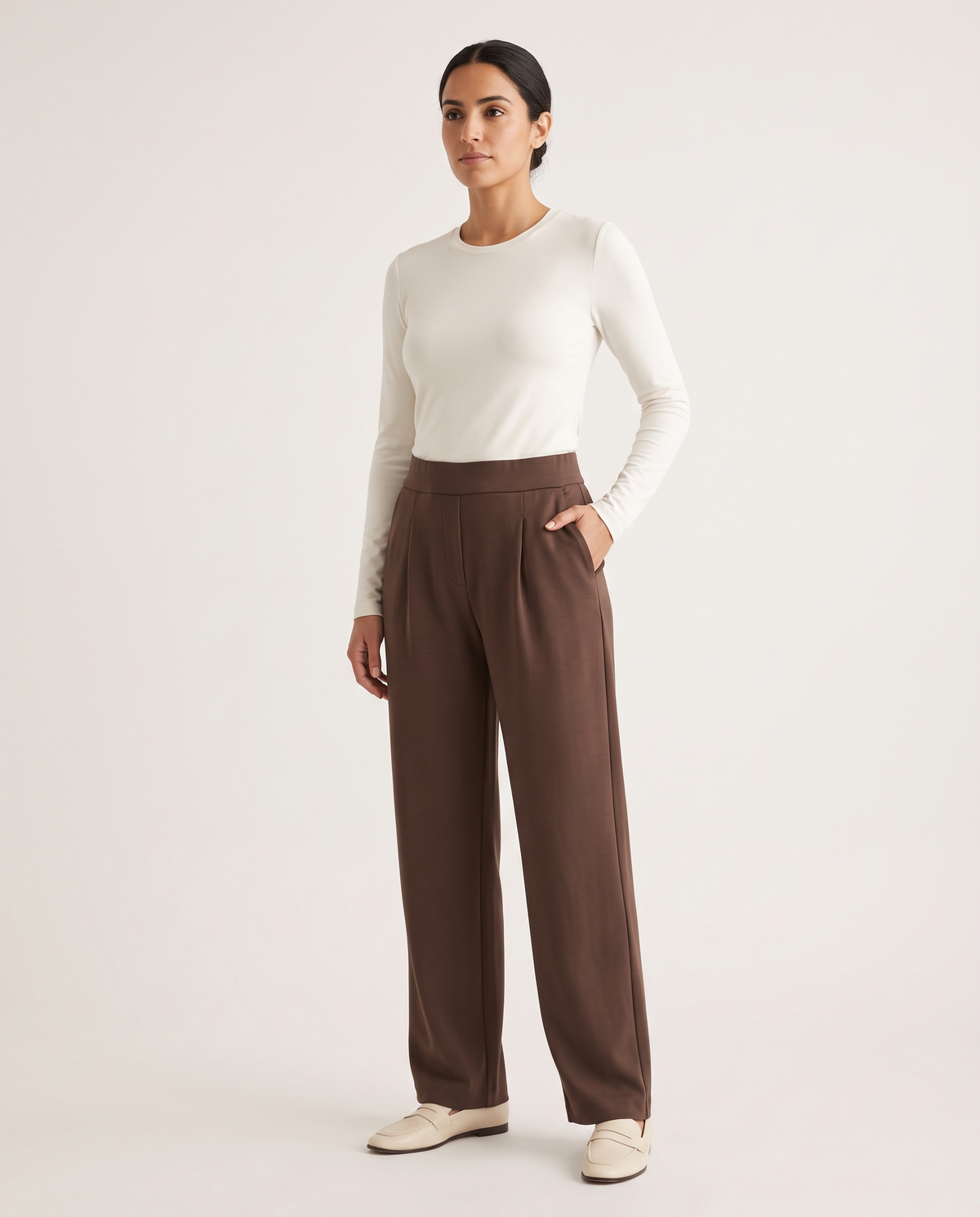 Pantalon 02 taille haute jambe large, coloris Chocolat
