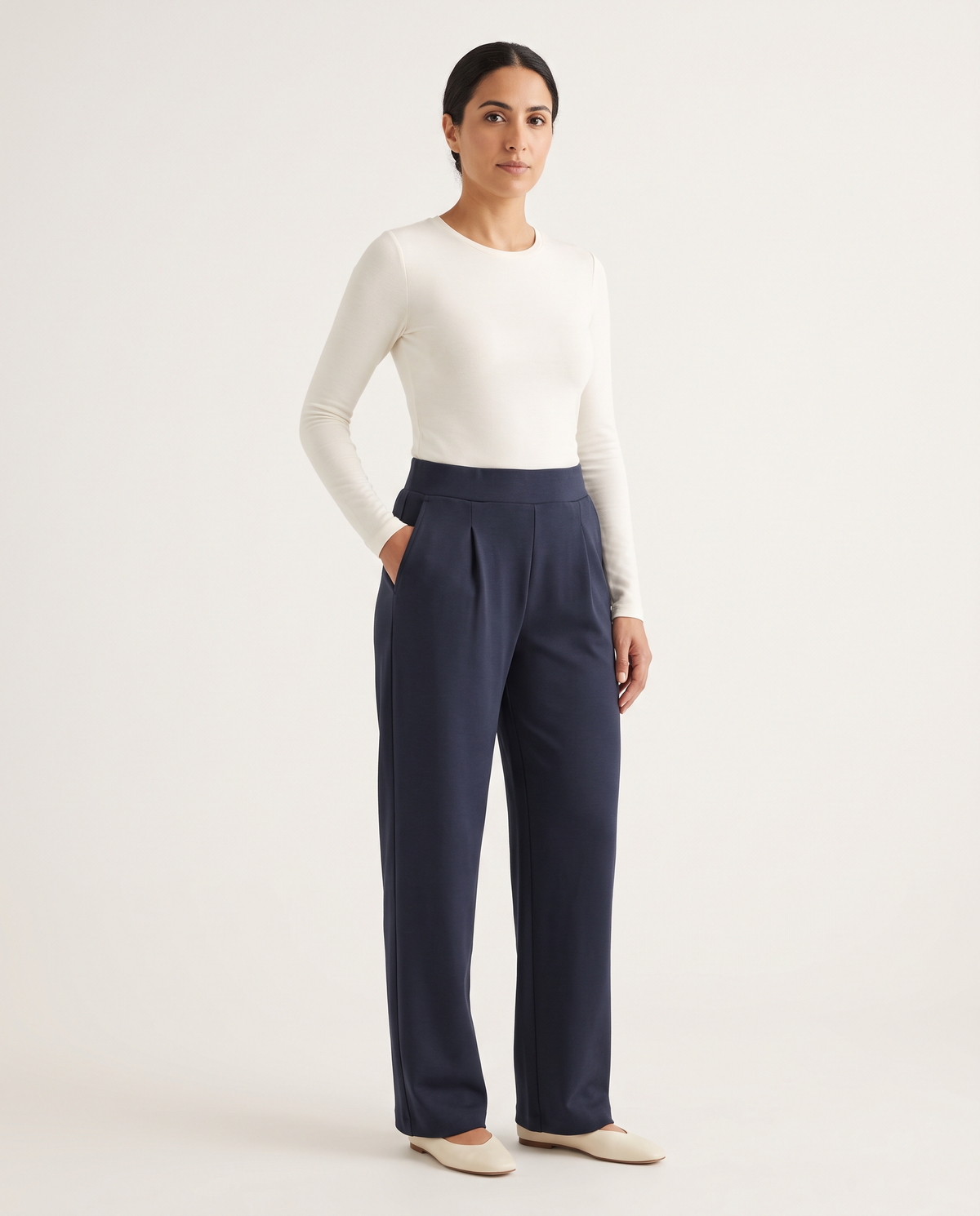 Pantalon 02 taille haute jambe large, coloris Marine